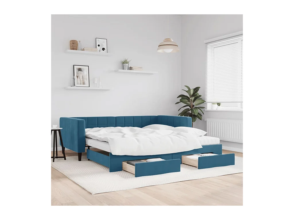 Divano Letto Estraibile con Cassetti Blu 100x200 cm in Velluto