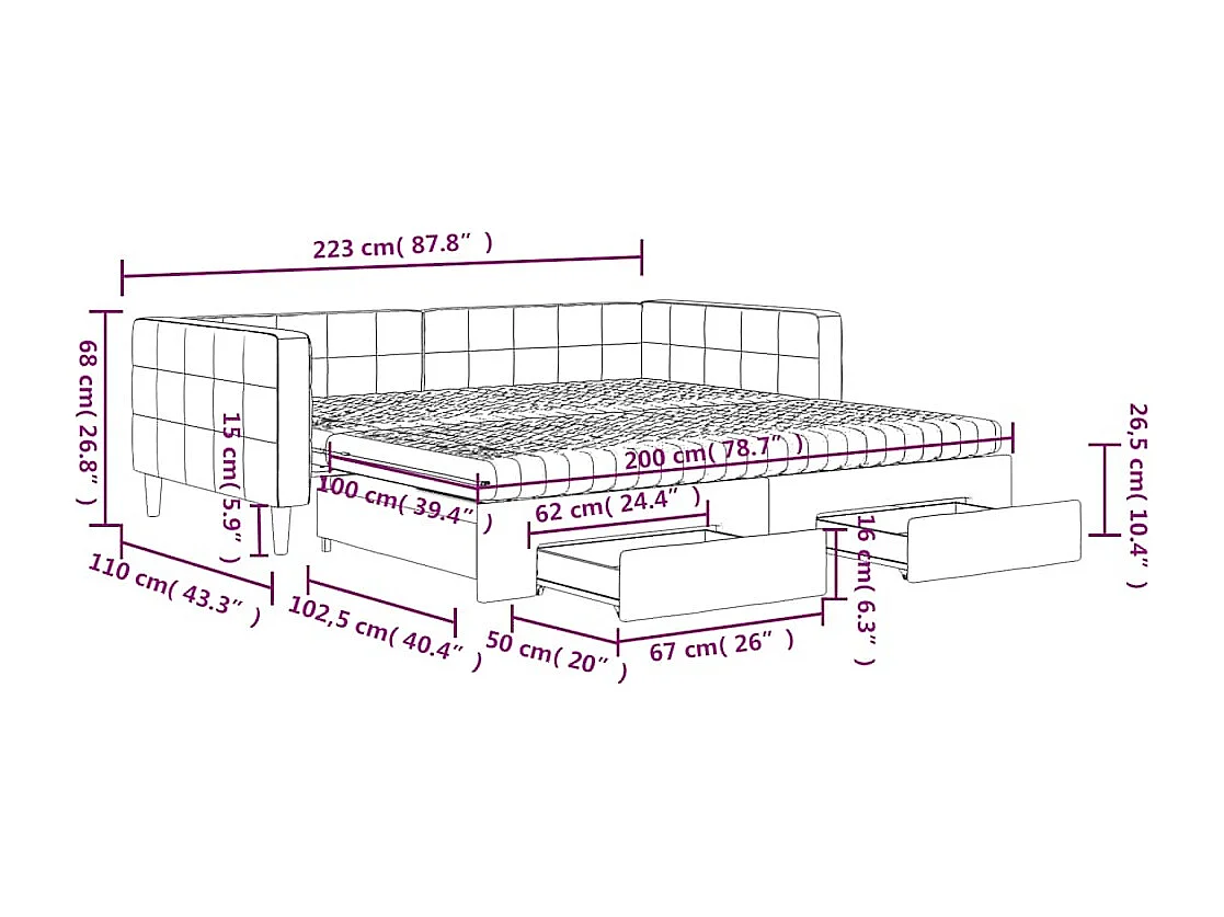 Lit de jour avec gigogne et tiroirs bleu 100x200 cm velours