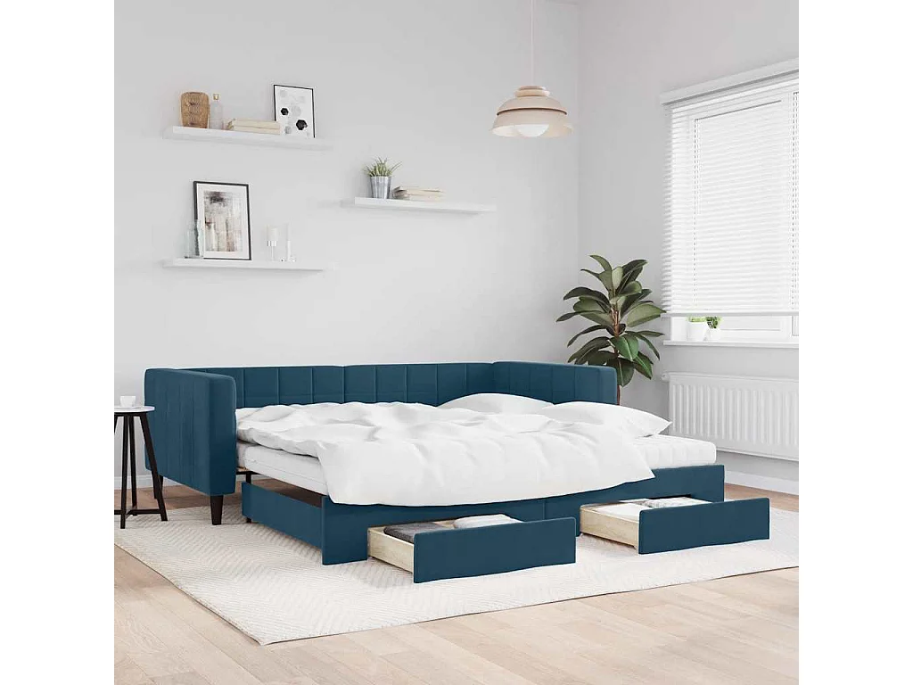 Tagesbett Ausziehbar mit Schubladen Blau 100x200 cm Samt