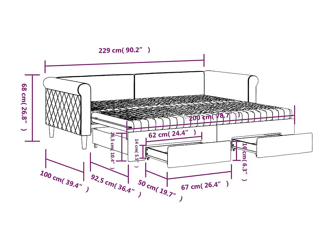 Tagesbett Ausziehbar mit Schubladen Hellgrau 90x200 cm Samt