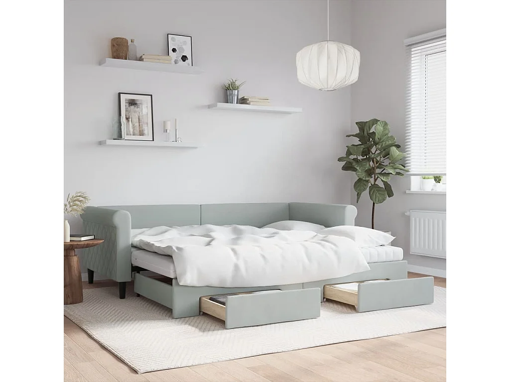 Slaapbank onderschuifbed en lades 90x200 cm fluweel lichtgrijs
