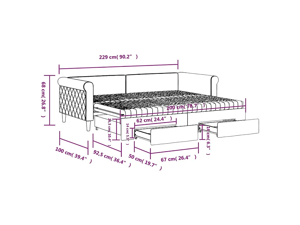 Slaapbank onderschuifbed en lades 90x200 cm fluweel lichtgrijs