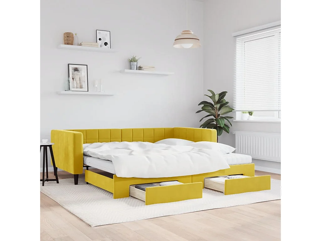 Sofá cama nido con cajones terciopelo amarillo 100x200 cm