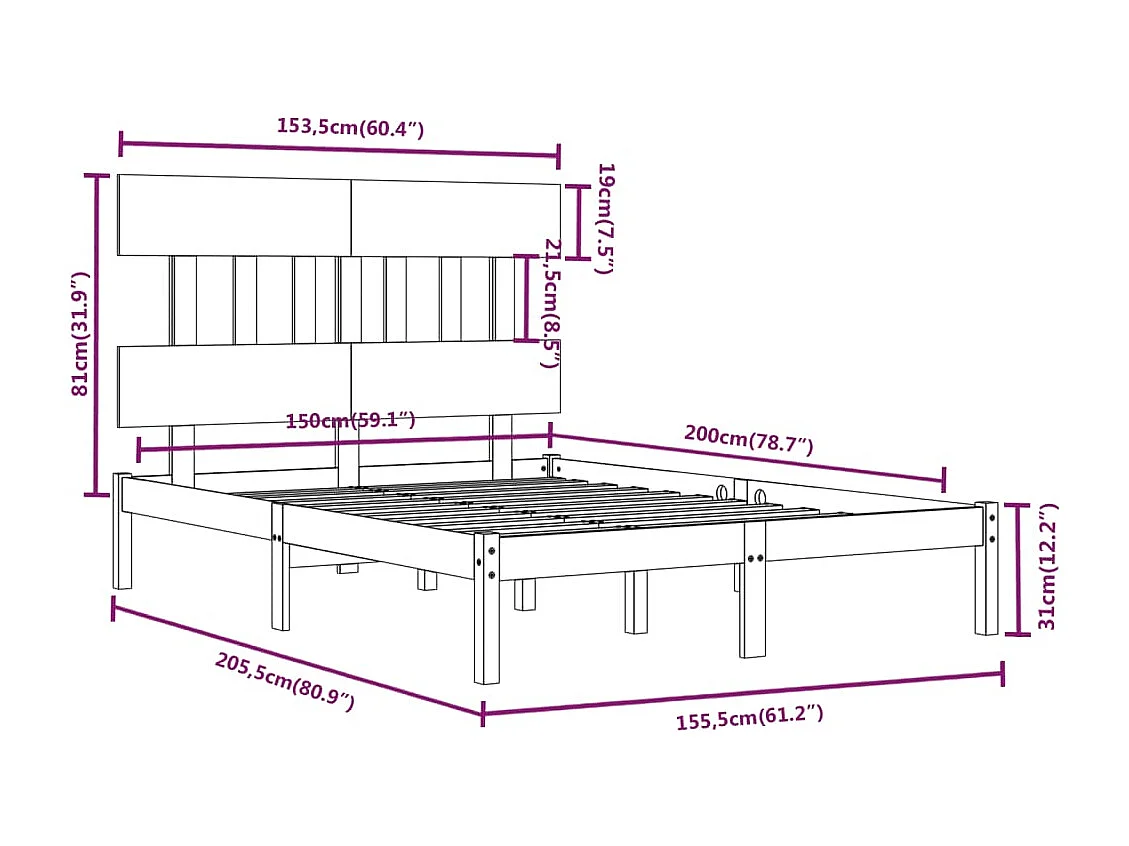 Cadre de lit sans matelas gris 150x200 cm bois massif