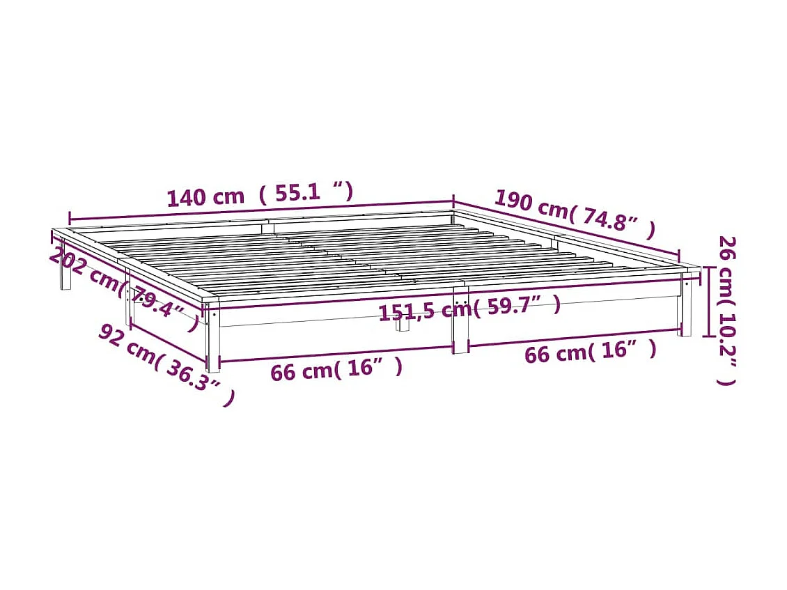 Cadre de lit à LED sans matelas 140x190 cm bois massif