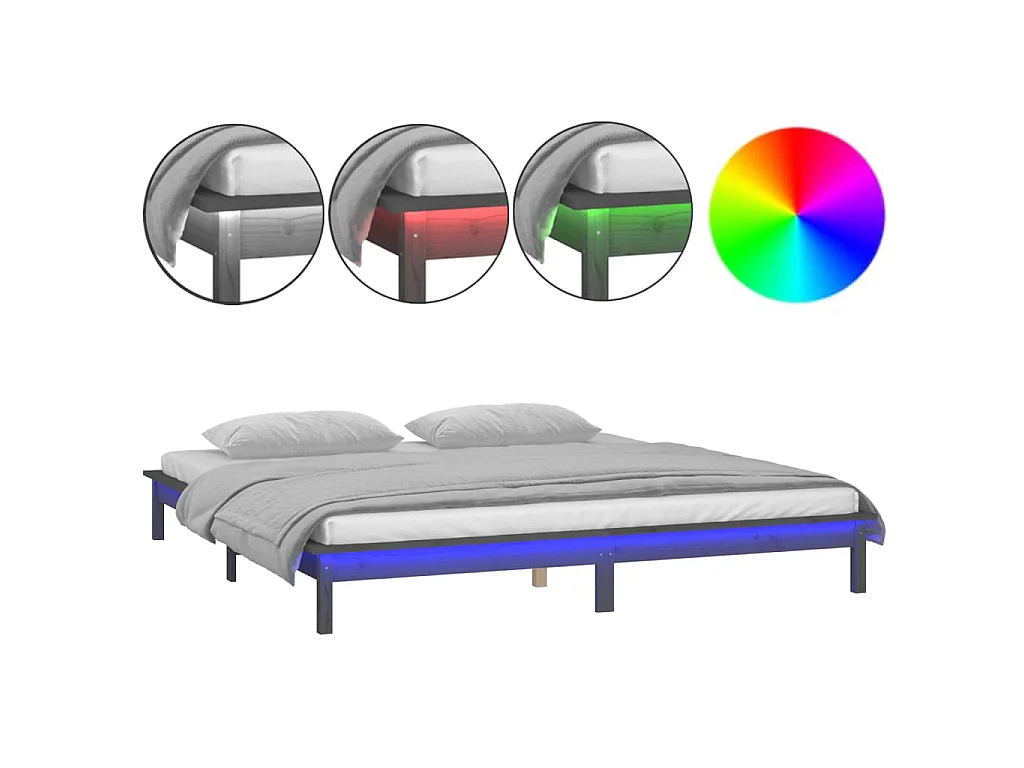 Cadre de lit à LED sans matelas gris 200x200 cm bois massif