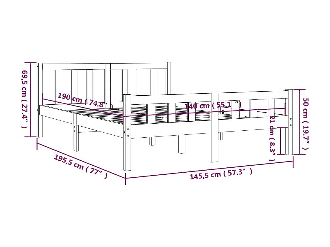 Estrutura de cama 140x190 cm madeira maciça cinzento