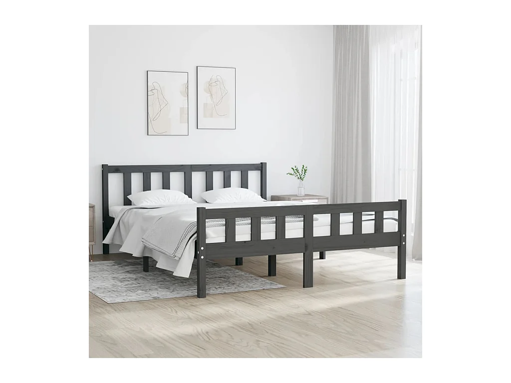 Cadre de lit sans matelas gris bois massif 140x190 cm