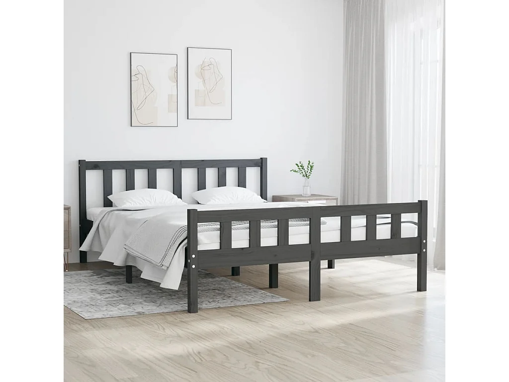 Cadre de lit sans matelas gris bois massif 140x190 cm