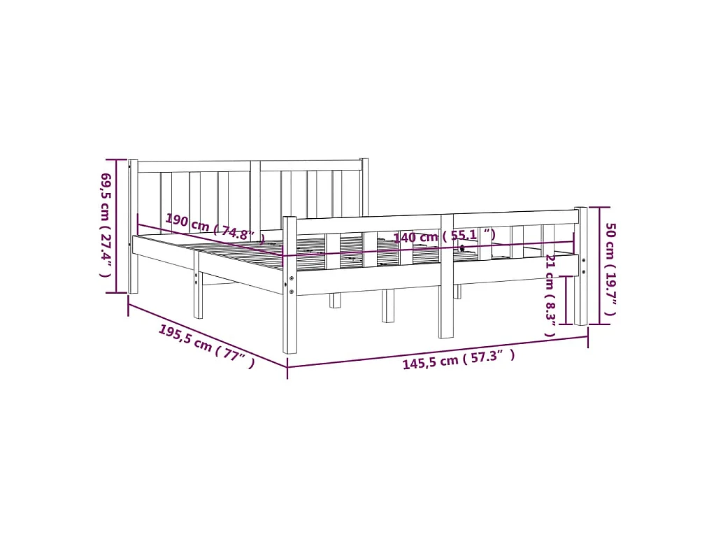 Cadre de lit sans matelas gris bois massif 140x190 cm