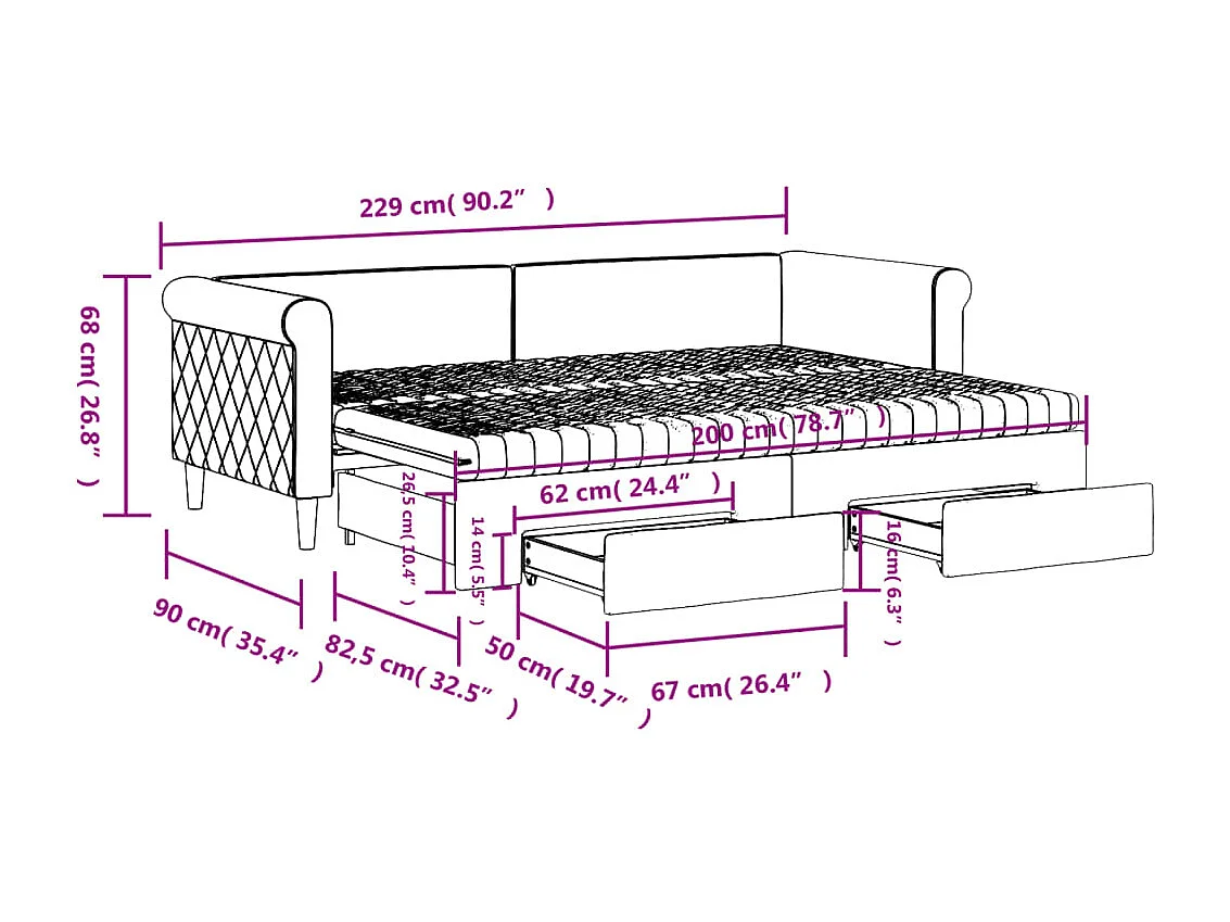 Lit de jour avec gigogne et tiroirs jaune 80x200 cm velours