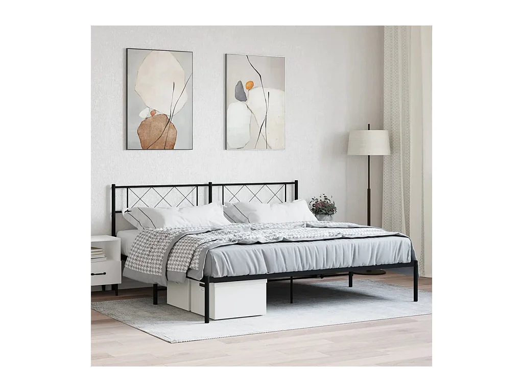 Cadre de lit métal sans matelas et tête de lit noir 180x200 cm
