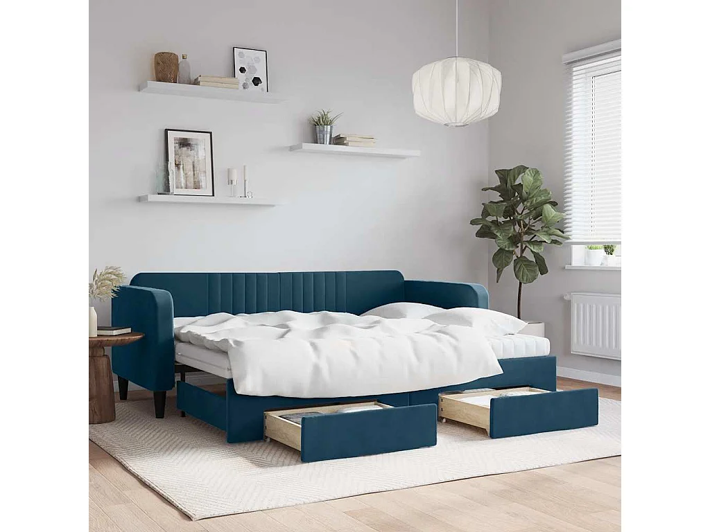 Divano Letto Estraibile con Cassetti Blu 80x200 cm in Velluto