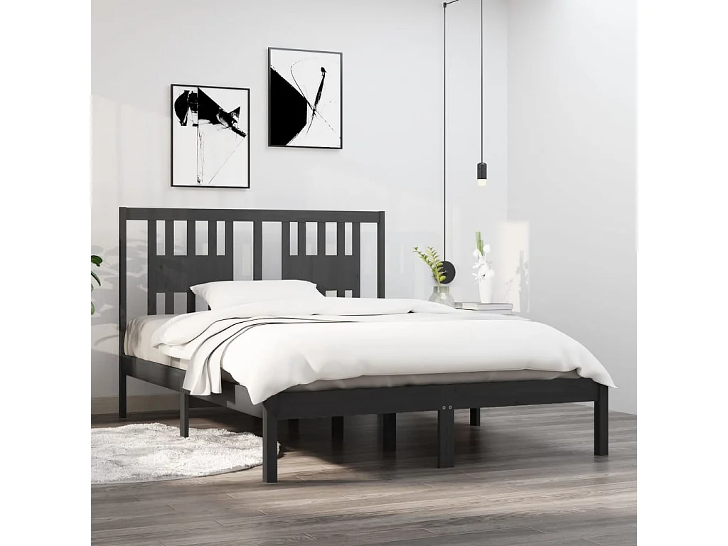 Cadre de lit sans matelas gris bois massif