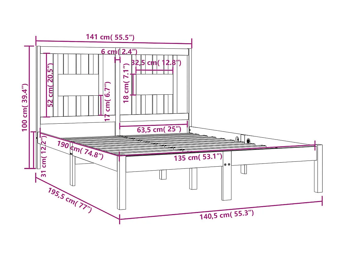 Cadre de lit sans matelas gris bois massif