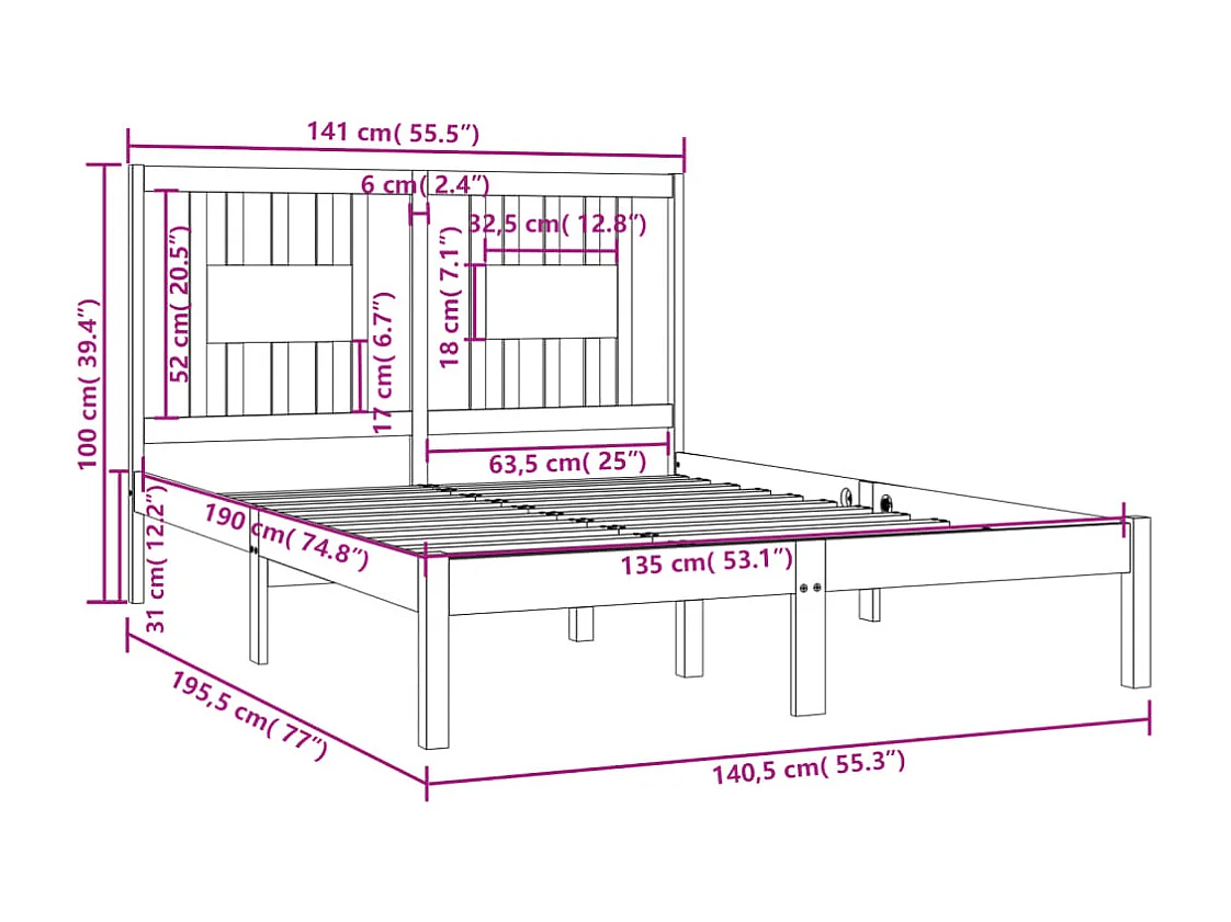 Cadre de lit sans matelas gris bois massif