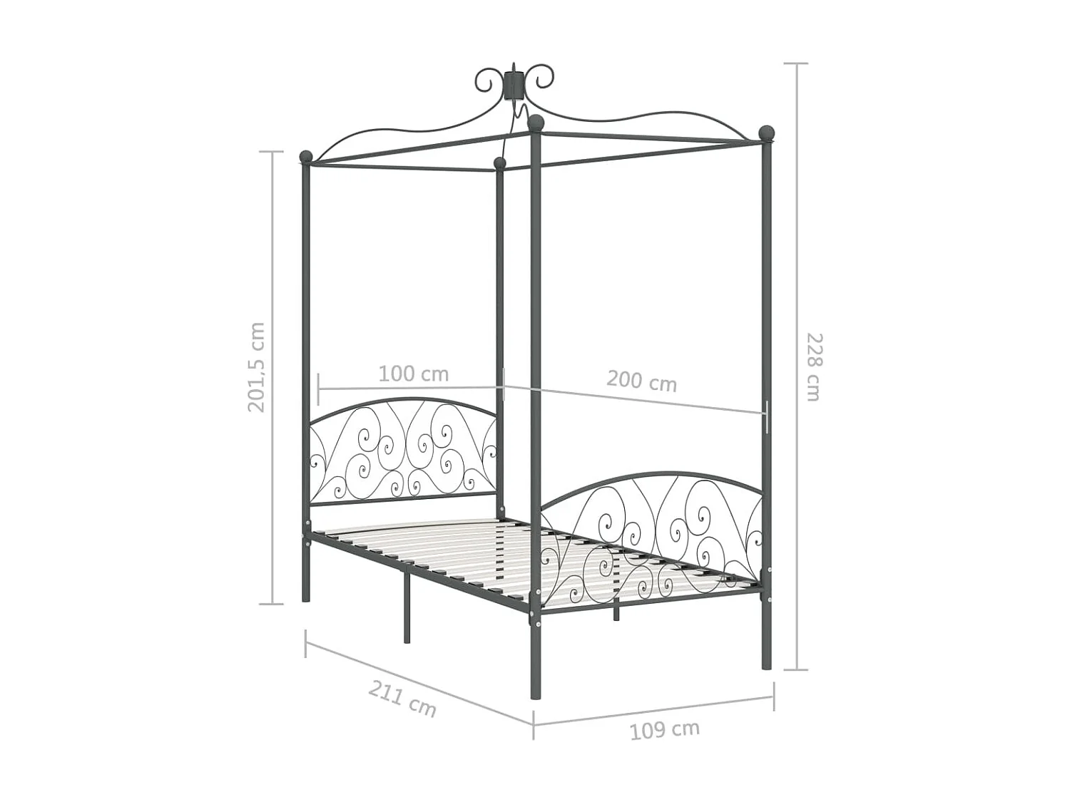Hemelbedframe metaal grijs 100x200 cm