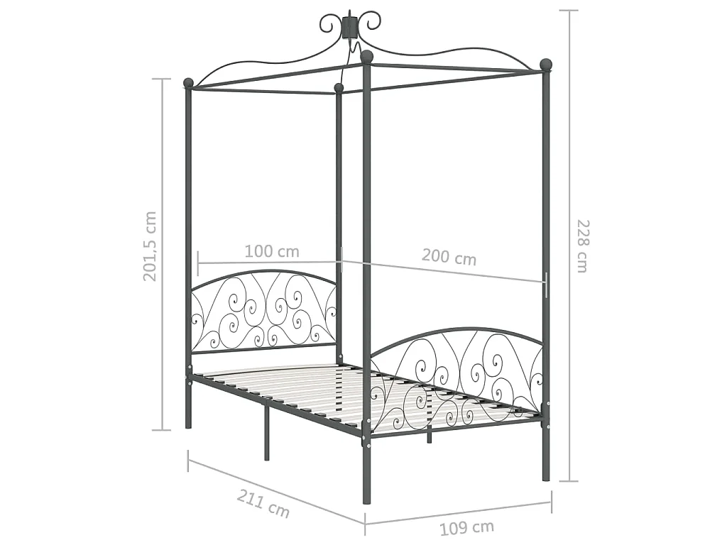 Hemelbedframe metaal grijs 100x200 cm
