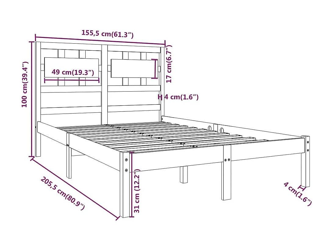 Bedframe massief hout grijs 150x200 cm