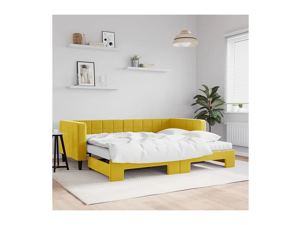 Lit de jour avec gigogne et matelas jaune 90x200 cm velours