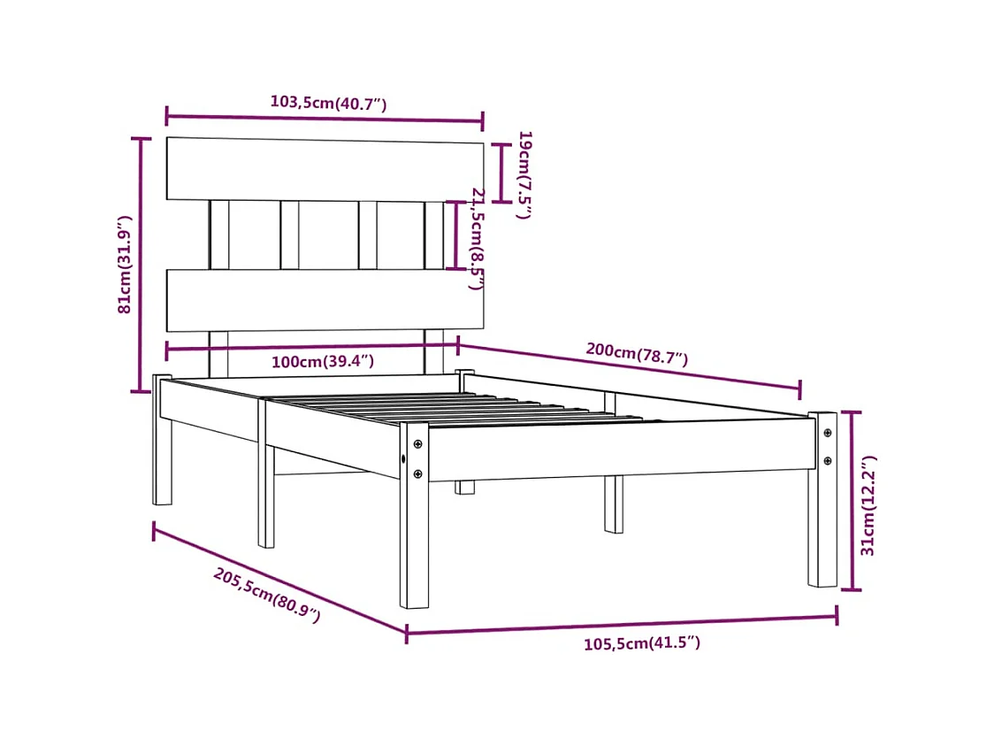 Massivholzbett Schwarz 100x200 cm