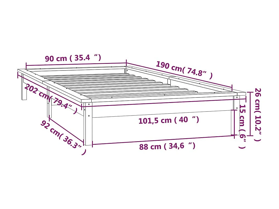 Cadre de lit à LED sans matelas gris 90x190 cm bois massif