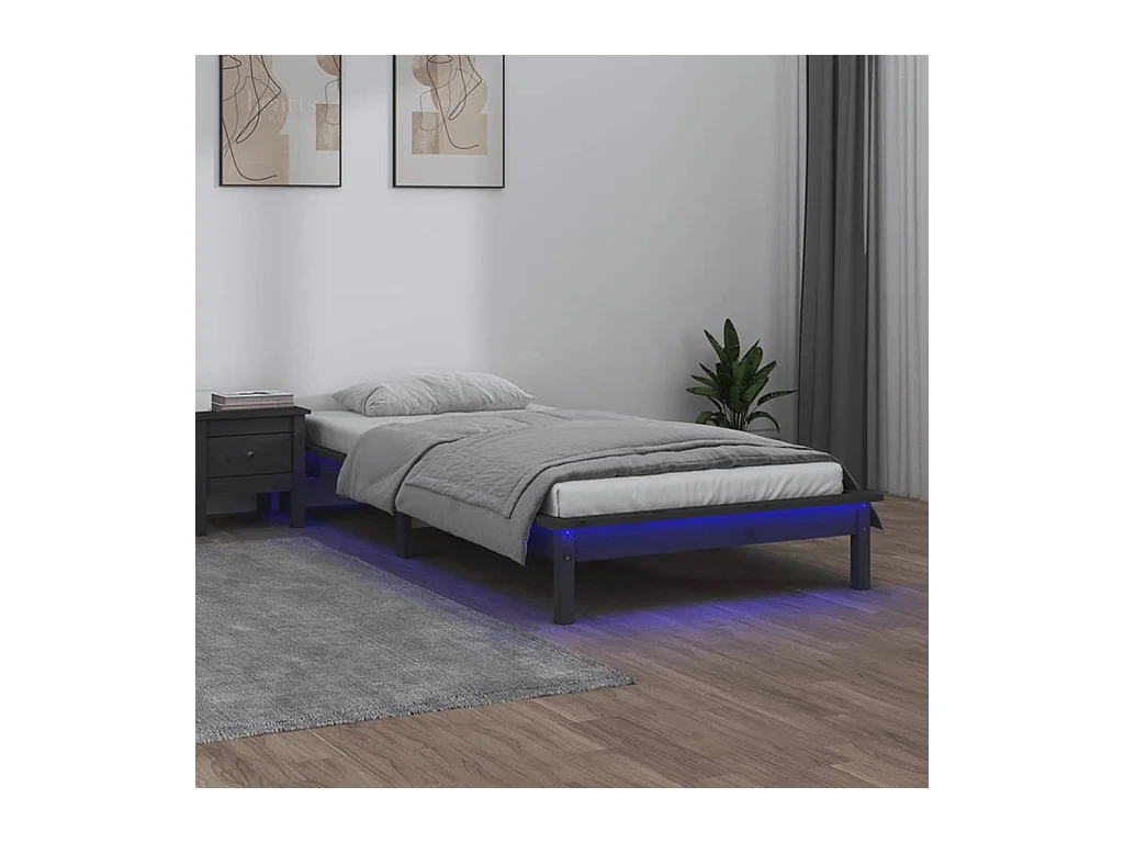 Cadre de lit à LED sans matelas gris 90x190 cm bois massif