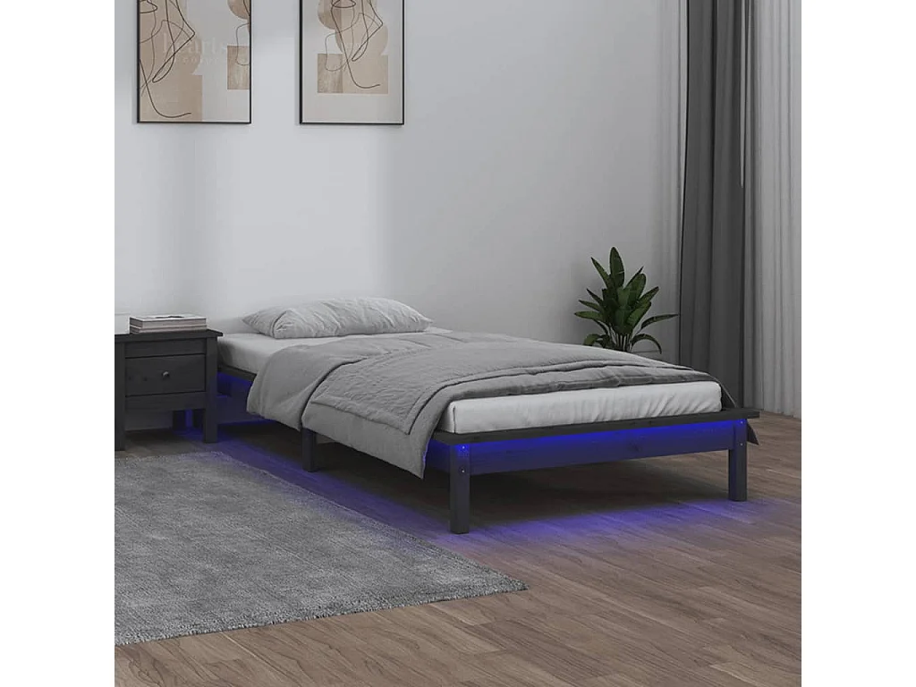 Cadre de lit à LED sans matelas gris 90x190 cm bois massif