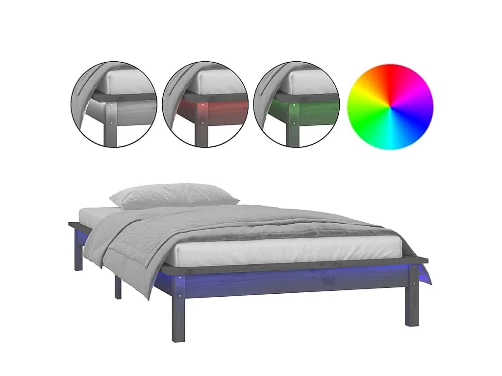 Cadre de lit à LED sans matelas gris 90x190 cm bois massif