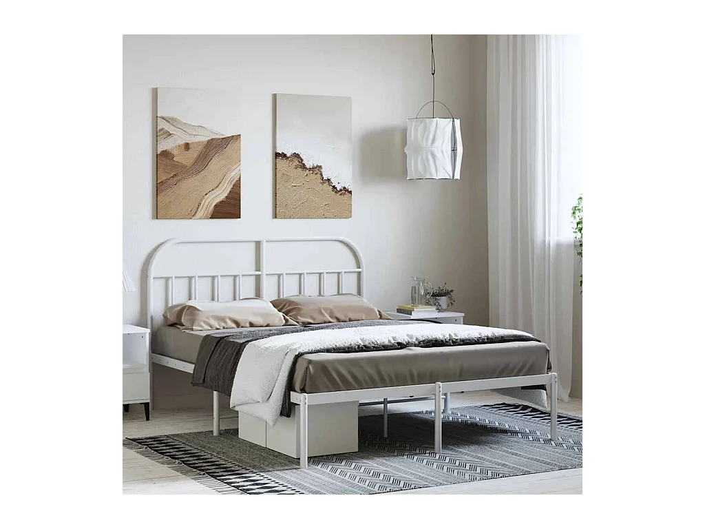 Cadre de lit métal sans matelas et tête de lit blanc 135x190 cm