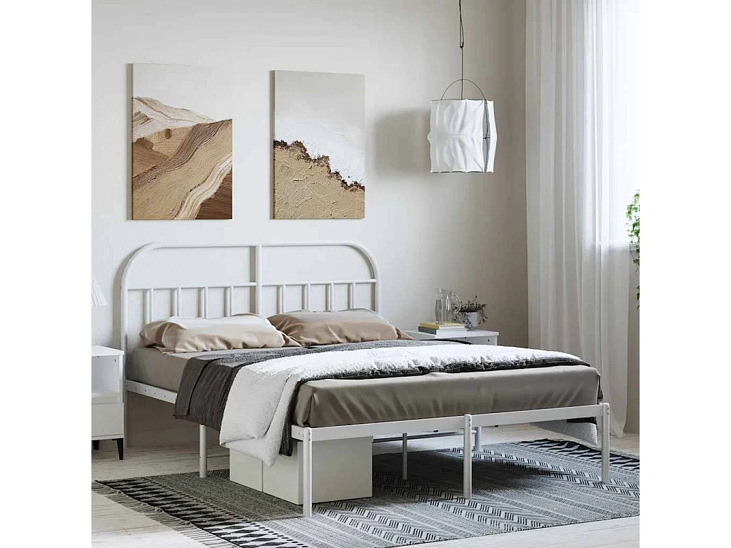 Cadre de lit métal sans matelas et tête de lit blanc 135x190 cm