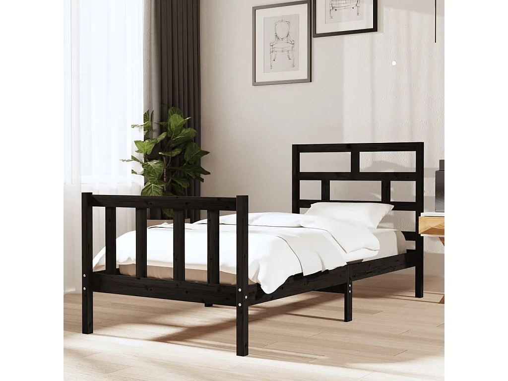 Estrutura de cama solteiro 90x190 cm pinho maciço preto