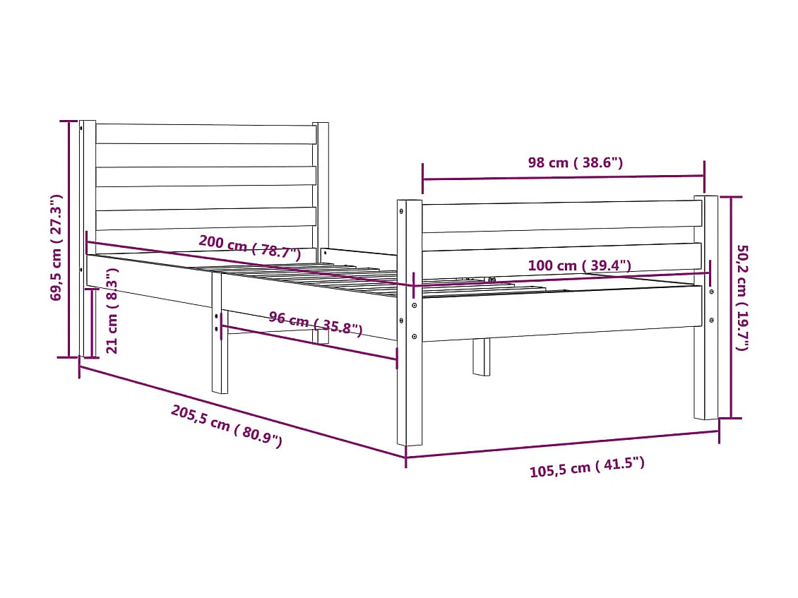 Cadre de lit sans matelas noir bois massif 100x200 cm