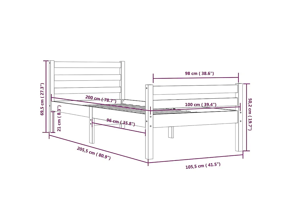 Massivholzbett Schwarz 100x200 cm