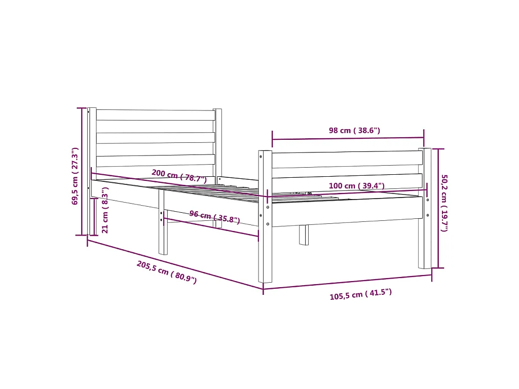 Massivholzbett Schwarz 100x200 cm