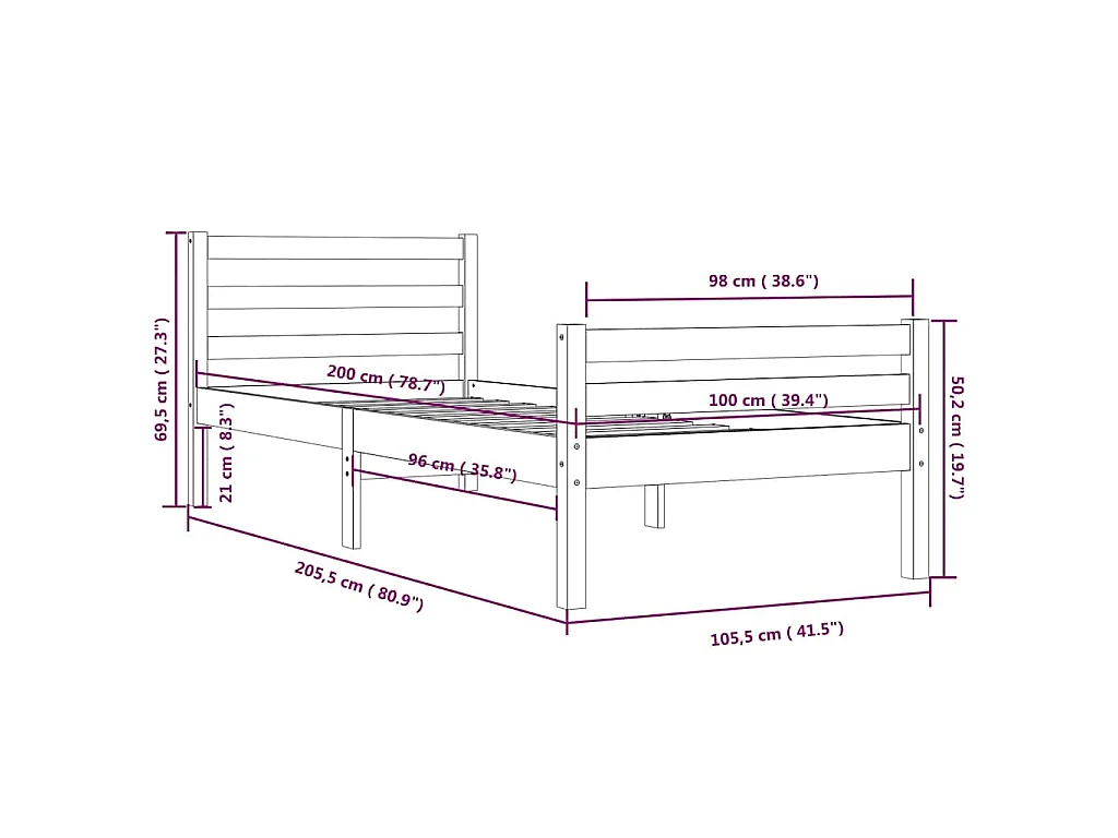 Cadre de lit sans matelas noir bois massif 100x200 cm