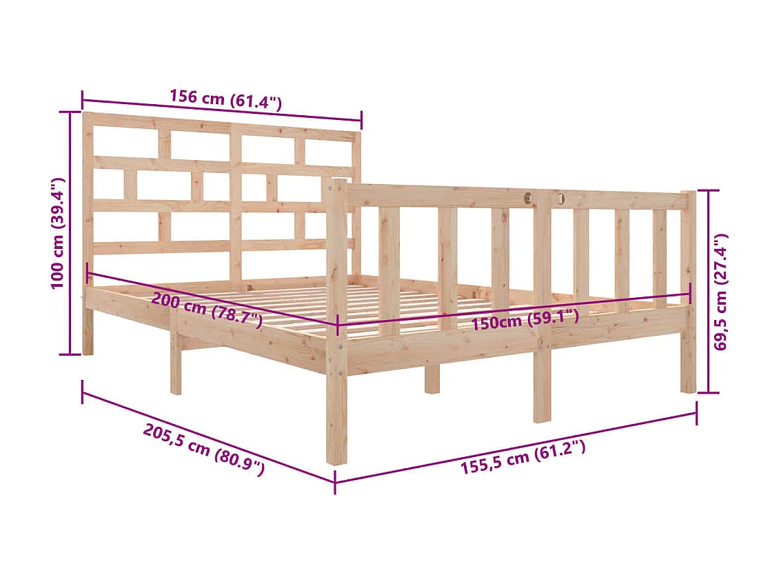 Estrutura de cama king 150x200 cm pinho maciço