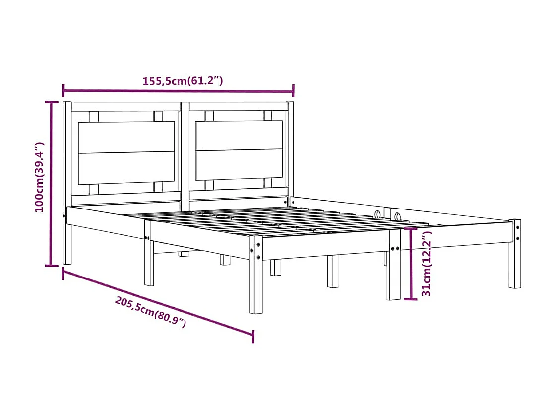 Cadre de lit sans matelas gris 150x200 cm bois massif