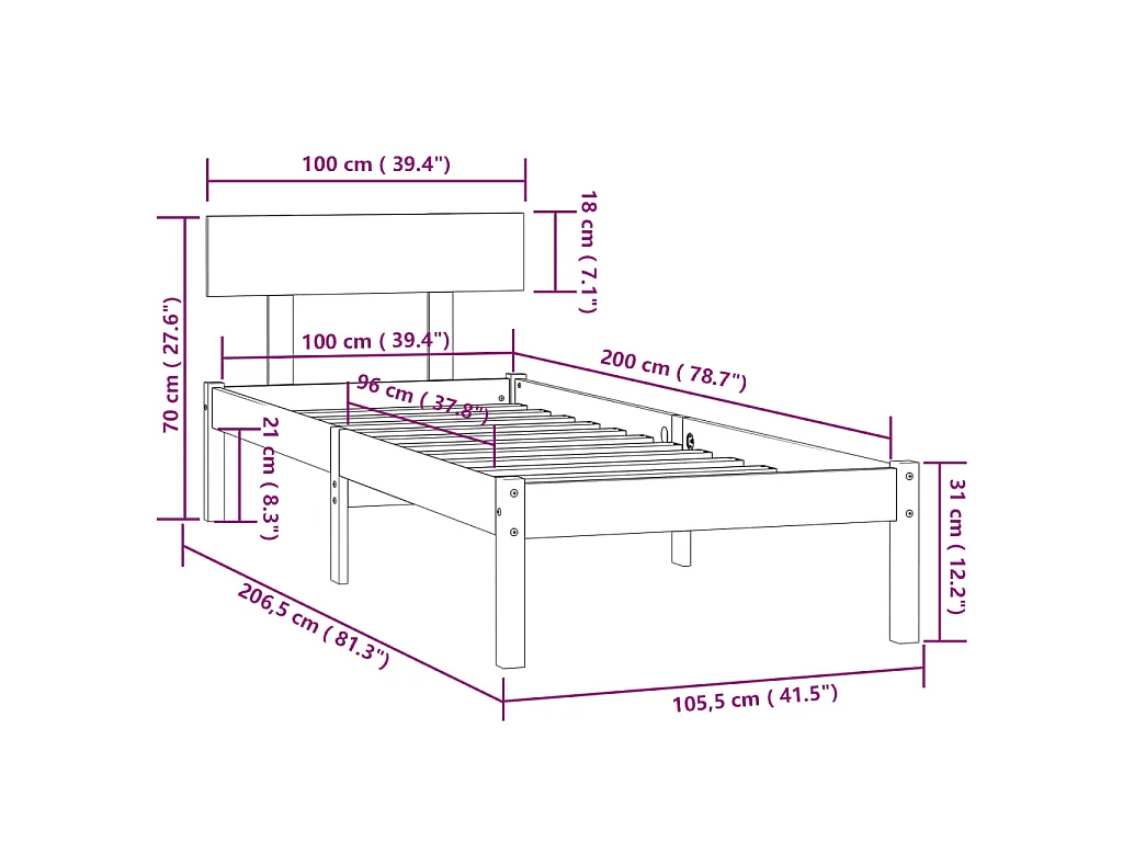 Bedframe massief grenenhout zwart 100x200 cm