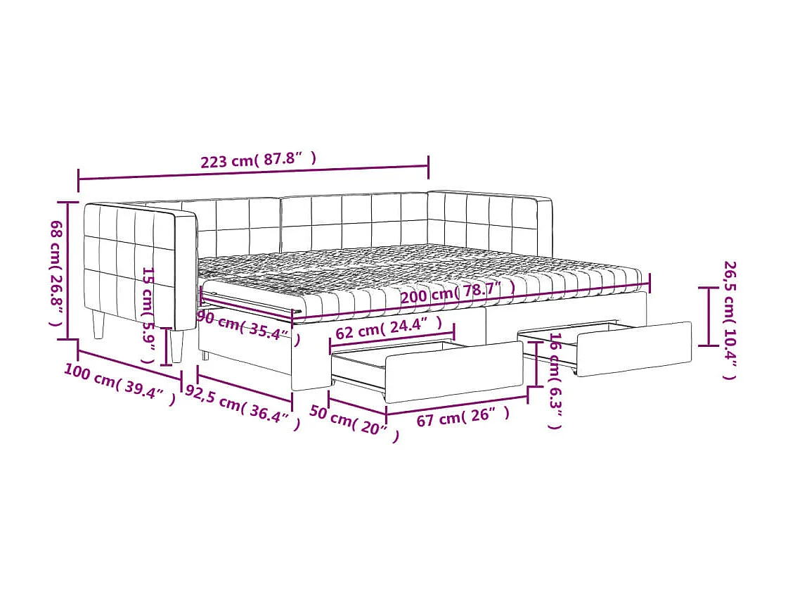 Sofá cama nido con cajones terciopelo amarillo 90x200 cm