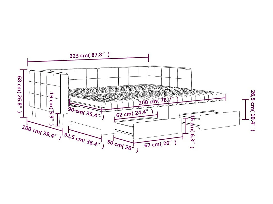 Sofá-cama com gavetão e gavetas 90x200 cm veludo amarelo