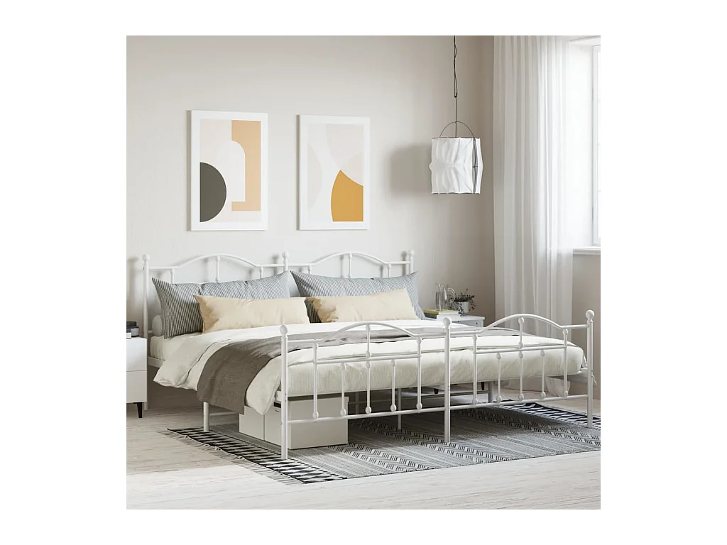 Cadre de lit métal sans matelas et pied de lit blanc 200x200 cm