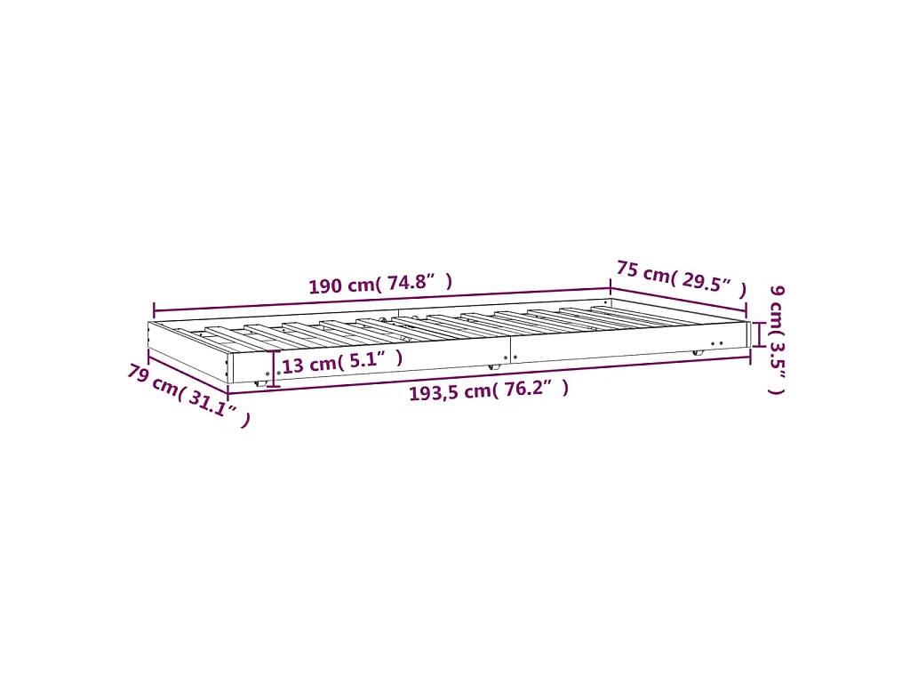 Cadre de lit sans matelas 75x190 cm bois de pin massif