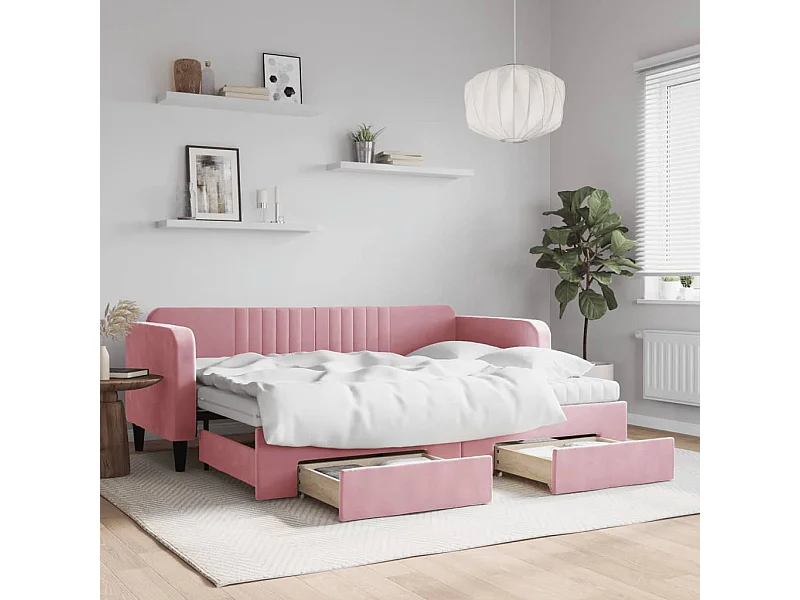 Slaapbank met onderschuifbed en lades 80x200 cm fluweel roze
