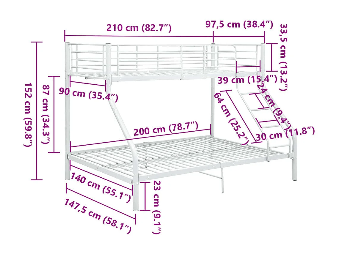 Etagenbettgestell Weiß Metall 140x200 cm/90x200 cm