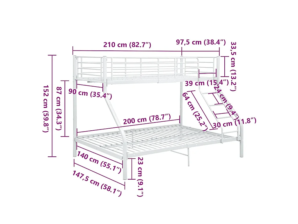 Estrutura de beliche 140x200/90x200 cm metal branco
