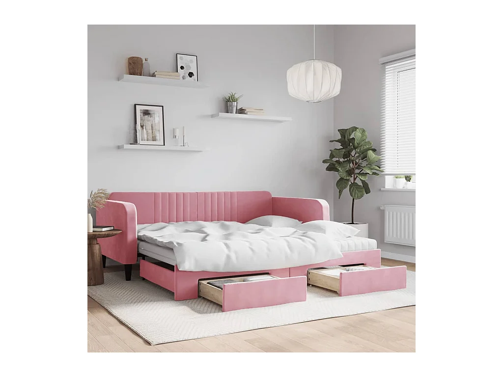 Lit de jour avec gigogne et tiroirs rose 100x200 cm velours