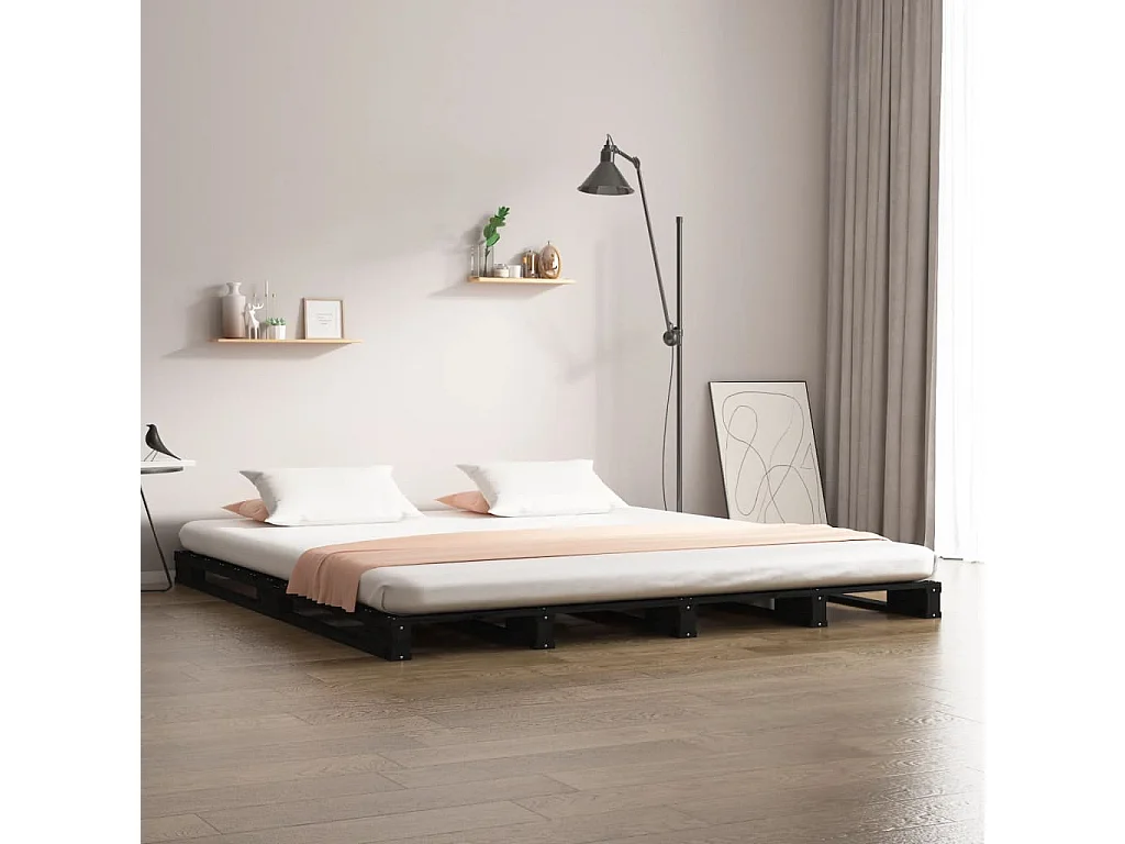 Letto a Pallet Nero 135x190 cm Double Legno Massello di Pino