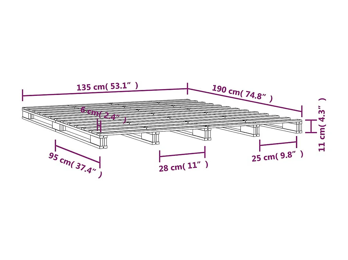 Letto a Pallet Nero 135x190 cm Double Legno Massello di Pino