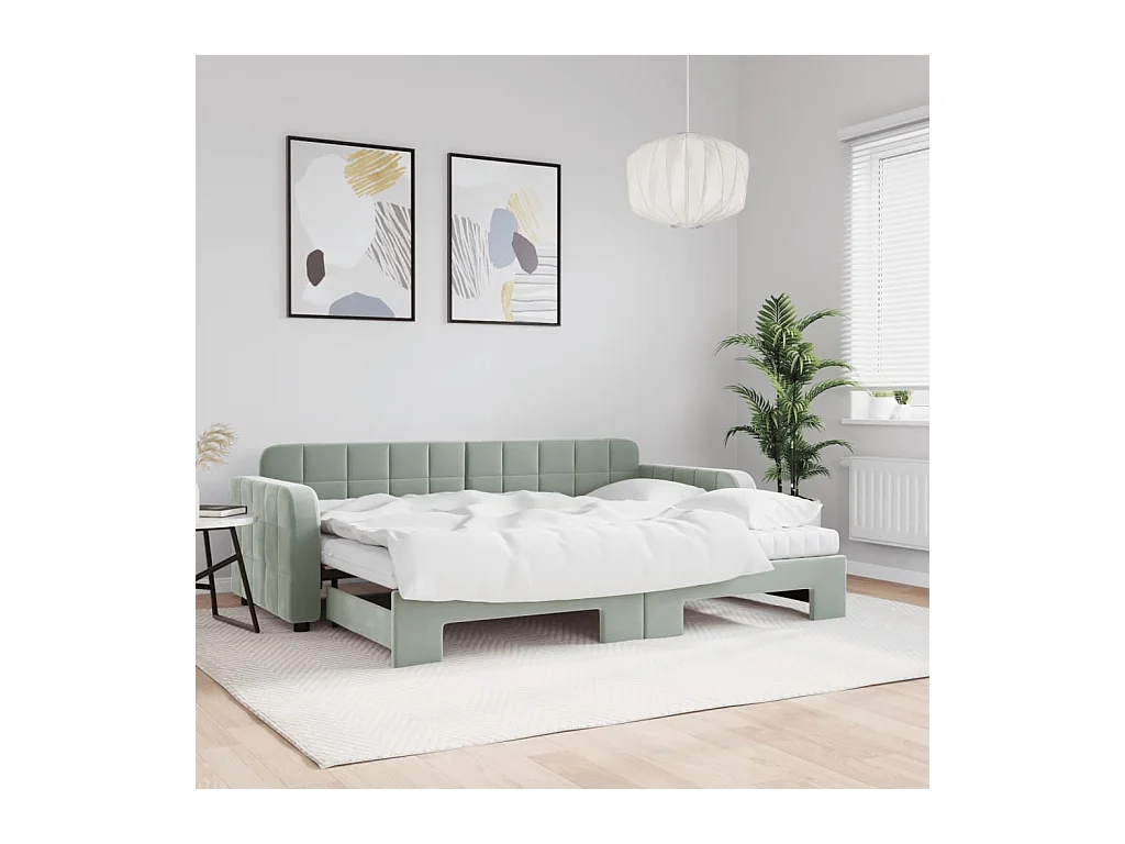 Lit de jour avec gigogne et matelas gris clair 80x200cm velours